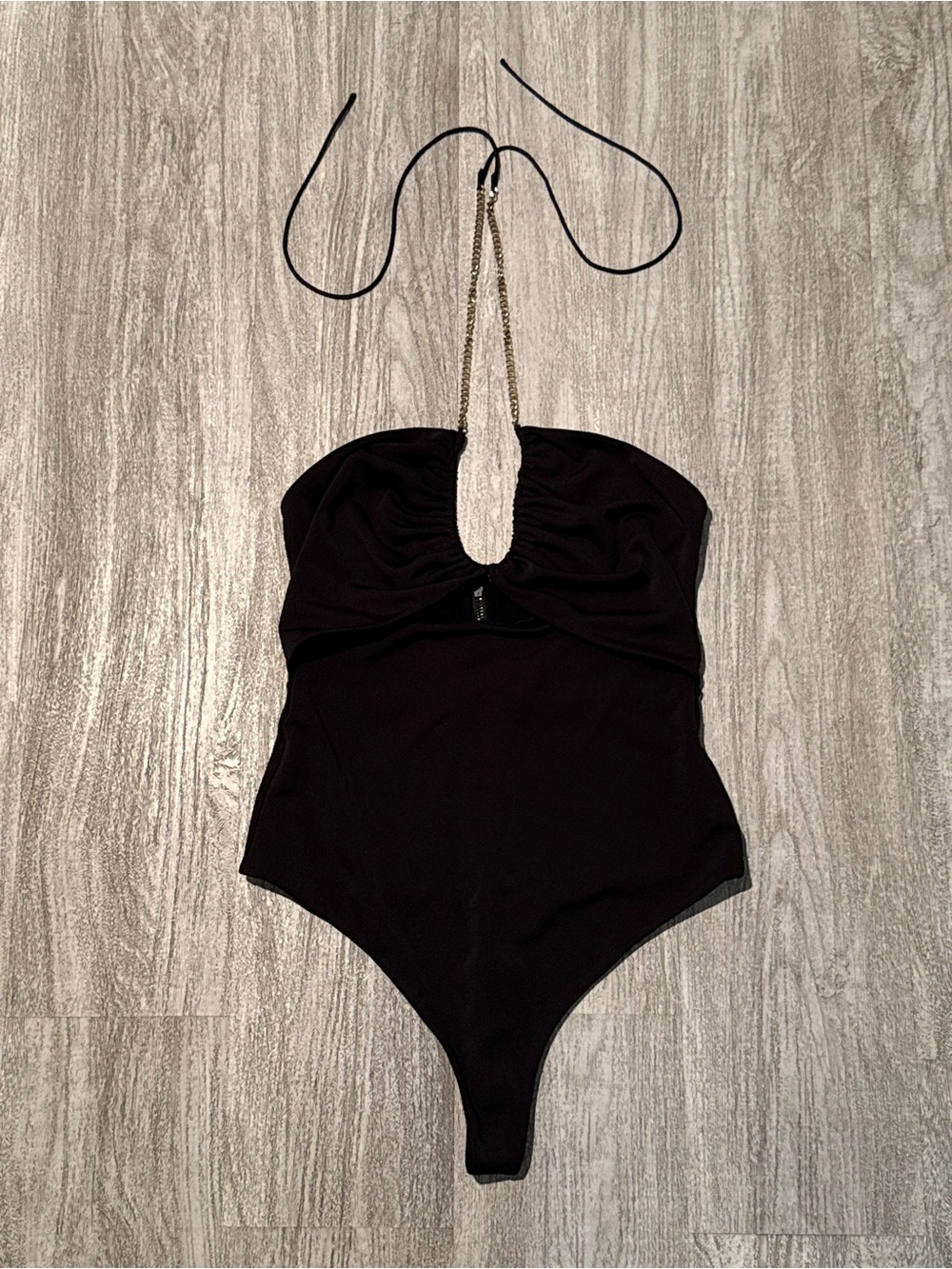 Alice + Olivia Sariya Black One-Piece Halter Bodysuit with Chain Detail